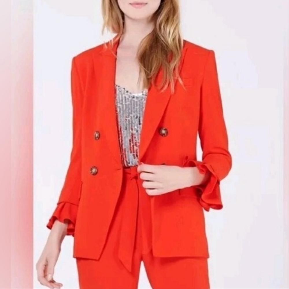 Veronica Beard Dinah Dickey Ruffled Cuffs Jacket in Poppy Red Size 4